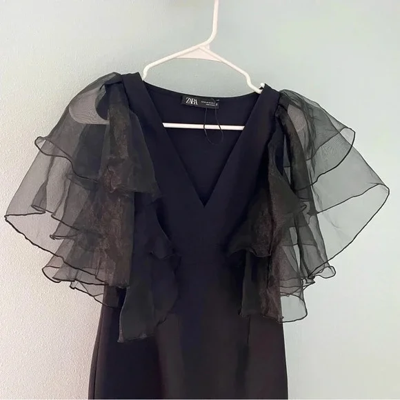 ZARA Black Mini Dress With Organza Sleeves size XS - Picture 3 of 11